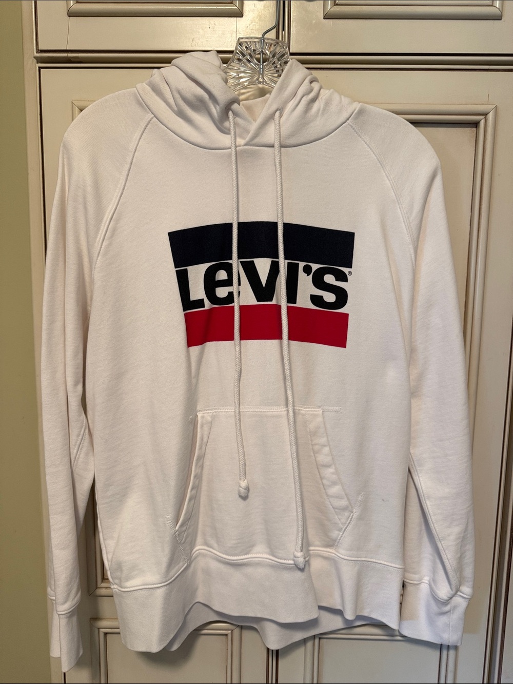 Levi's White Hoodie with Red & Navy Logo Zip-Up Style